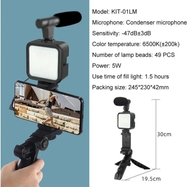 Kit De Grabación Micrófono+Luz Led+Soporte Trípode