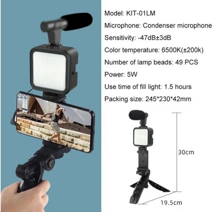 Kit De Grabación Micrófono+Luz Led+Soporte Trípode